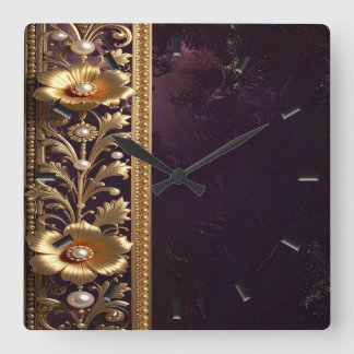 Gouden Bloemornament Wandklok Vierkante Klok