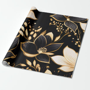 Gouden Bloesems: Zwart & Goud Bloemen Patronen Cadeaupapier