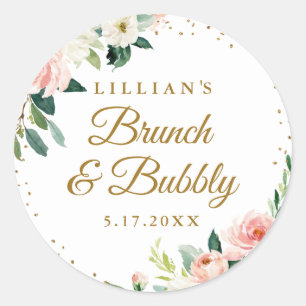 Gouden Blush Bloemen Brunch En Bruis Ronde Sticker