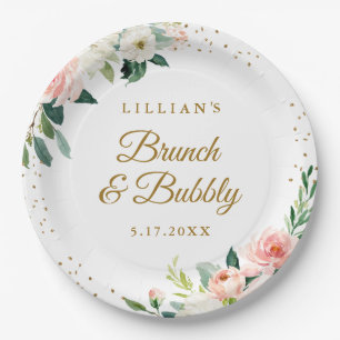 Gouden Blush Bloemen Brunch en Bubble Papieren Bordje
