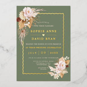 Gouden Blush Bloemen Saliegroen Pampasgras Bruilof Folie Uitnodiging