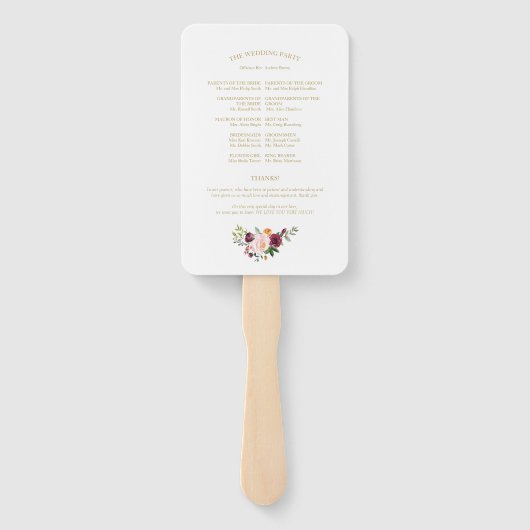 Gouden Blush Bourgondië Floral bruiloft programma Handwaaier (Achterkant)