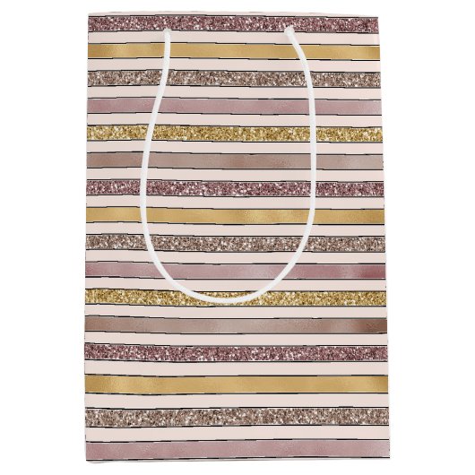 Gouden Blush Roze Glitter Glitzy Strepen Medium Cadeauzakje (Voorkant)