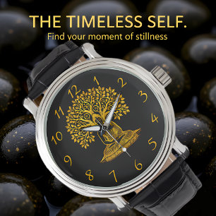 Gouden Boeddha onder een boom in vreedzame meditat Horloge