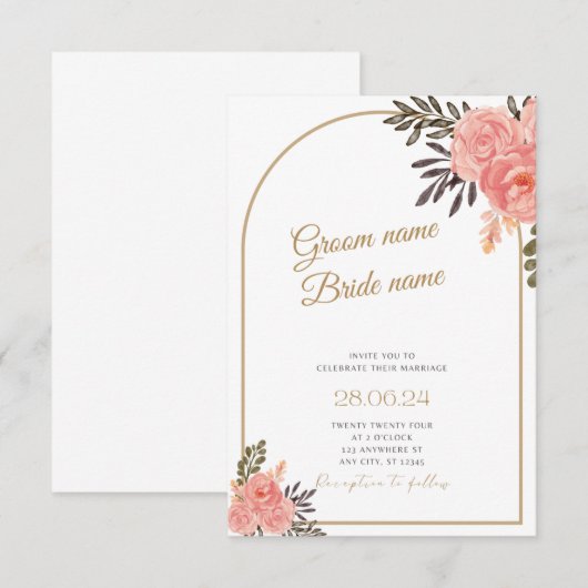 Gouden Boho Bloemrijke Boog Trouwuitnodiging Informatiekaartje (Voorkant / Achterkant)