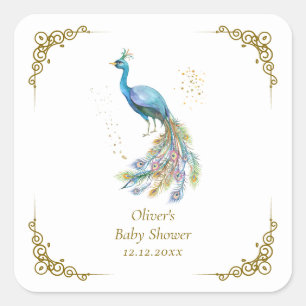 Gouden Boho Vintage Elegante Pauw Baby Shower Vierkante Sticker