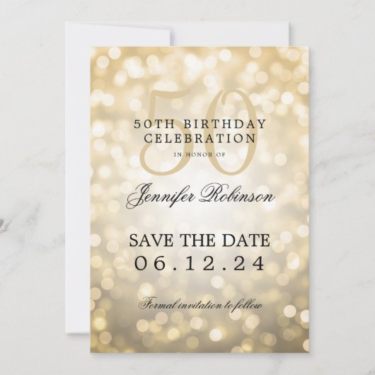Gouden Bokeh 50e verjaardag Save the Date Kaart (Voorkant)