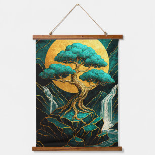 Gouden Bonsai Maneschijn Turquoise Waterval Muurt Hangend Wandkleed