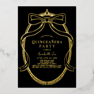 Gouden Boog Lint Tiara Lijst Zwart Quinceañera Folie Uitnodiging