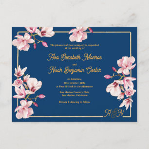 Gouden Boog Navy Magnolia Bloemen Bruiloftsinvitat Briefkaart