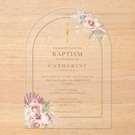 Gouden Boog Pampas Gras Bloemen Meisje Doop Acryl Uitnodigingen (Voorkant)