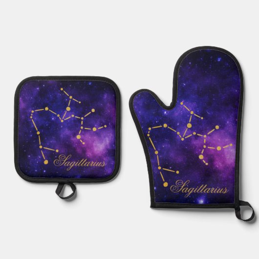 Gouden Boogschutter Constellatie op Donkere Melkwe Ovenwant & Pannenlap Set (Voorkant)