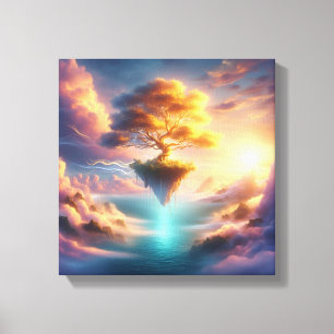 Gouden boom die boven dromerig drijvend eiland uit canvas afdruk
