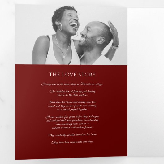 Gouden bordeaux monogram krans toewijding bruiloft drieluik programma (Binnenzijde eerst)