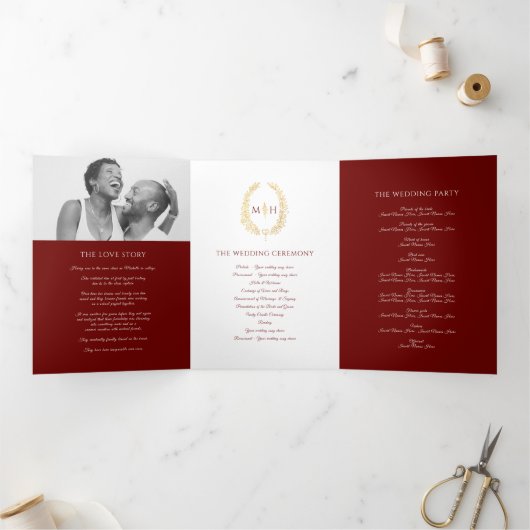 Gouden bordeaux monogram krans toewijding bruiloft drieluik programma (Binnen)