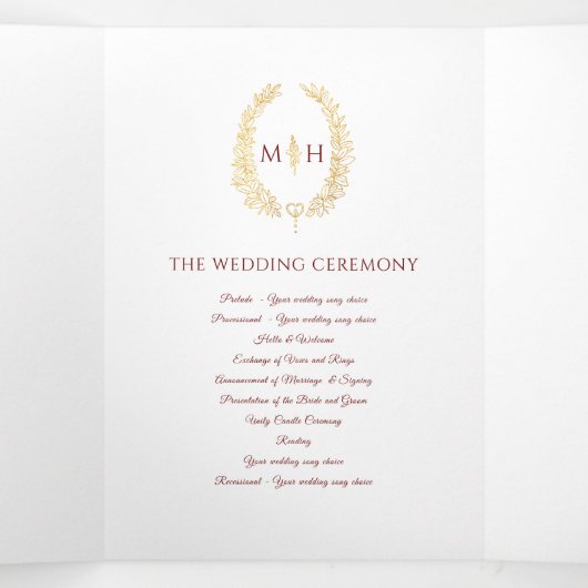 Gouden bordeaux monogram krans toewijding bruiloft drieluik programma (Binnenkant midden)