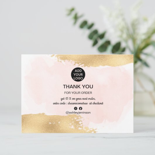 Gouden borstel roze waterverf logo bestelling dank bedankkaart (Staand voorkant)