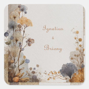 Gouden botanische patchwork stoffig blauwe volksbr vierkante sticker