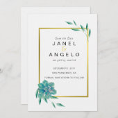 Gouden botanische succulent save the date uitnodig (Voorkant / Achterkant)