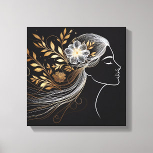 Gouden botanische vloeiende haarlijn portret canvas afdruk
