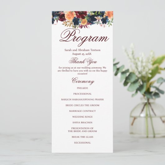 Gouden Bourgogne Wijn Navy Bloemen Trouwprogramma' Menu (Staand voorkant)