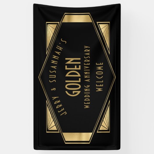 Gouden Bruiloft 50e Namen Art deco Goud Zwart Spandoek (Verticaal)