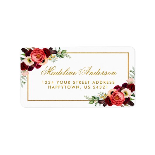 Gouden bruiloft Bourgondië Floral Boho adres Etiket (Voorkant)