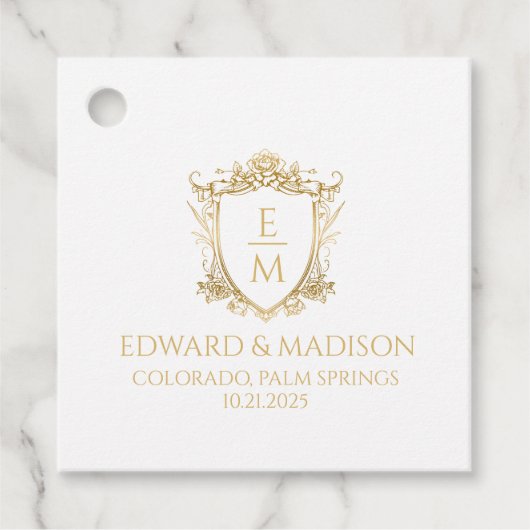 Gouden bruiloft Initialen & bruiloft Floral Crest Bedankjes Labels (Voorkant)
