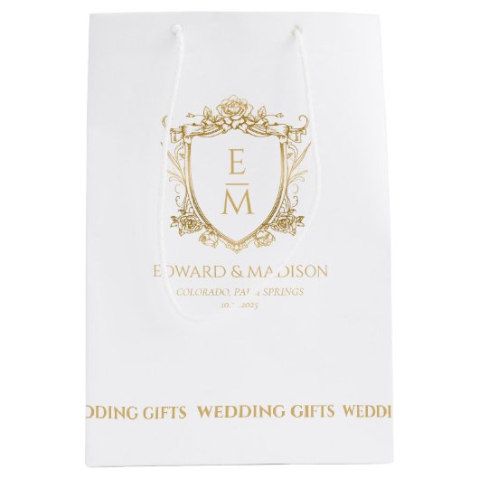 Gouden bruiloft Initialen & bruiloft Floral Crest Medium Cadeauzakje (Voorkant)