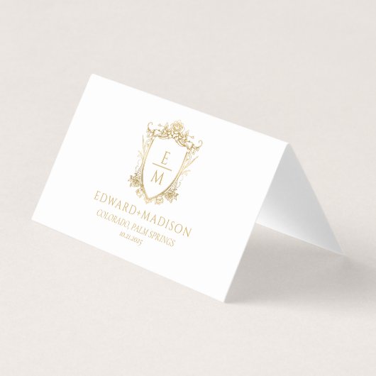 Gouden bruiloft Initialen & bruiloft Floral Crest Visitekaartjes (Voorkant)