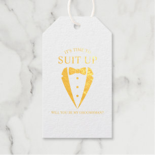 Gouden bruiloft Tuxedo Suit Groomsman Voorstel Cadeaulabels