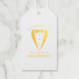 Gouden bruiloft Tuxedo Suit Groomsman Voorstel Cadeaulabels