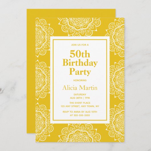 Gouden Bruin & Wit Mandala Bloem 50ste Verjaardag Kaart (Voorkant / Achterkant)