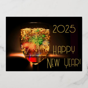 Gouden bubbels en vuurwerk - gelukkig nieuwjaar folie uitnodiging