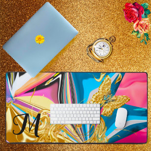 Gouden Butterflower Monogram Vloeibaar Abstract Bureaumat