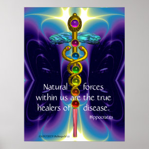 Gouden caduceus en 7 chakra's in blauwe paarse gol poster