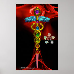 GOUDEN CADUCEUS EN 7 CHAKRA'S IN RODE FRACTALE ROO POSTER