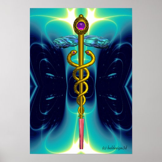 Gouden Caduceus Medisch Symbool Teal Aqua Blauwe G Poster (Voorkant)