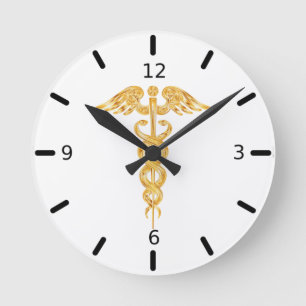 Gouden Caduceus op Witte Ronde Klok