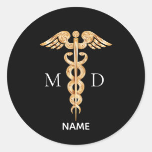 Gouden Caduceus Symbool & Medische Dokter Monogram Ronde Sticker