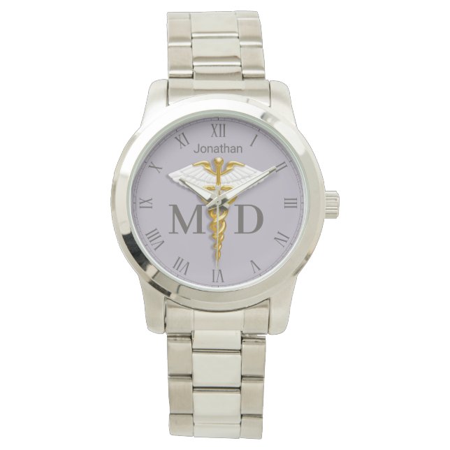 Gouden Caduceus Witte Vleugels Naam Medisch Dokter Horloge (Voorkant)