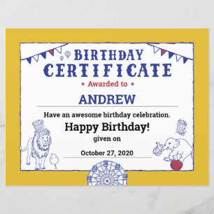 Gouden Carnaval Circus Baby Verjaardags Certificaa