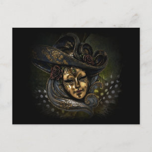 Gouden carnavalsmasker met blauw pet en veren briefkaart