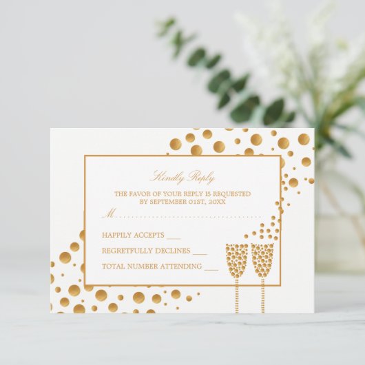 Gouden Champagne Bubbles Bruiloft RSVP Kaartje (Staand voorkant)