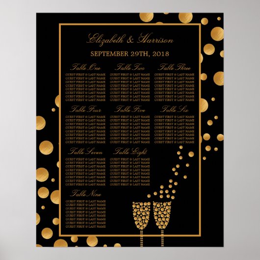 Gouden Champagne Bubbles Trouwzitplaats Chart Poster (Voorkant)