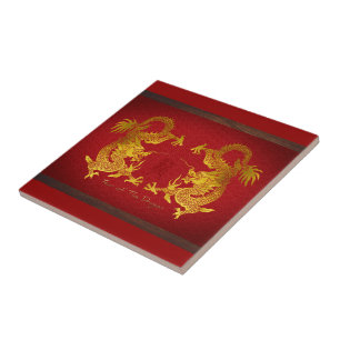 Gouden Chinese Draak met oud Ideogram T Tegeltje