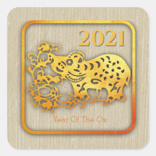 Gouden Chinese papier gesneden Ox Jaar 2021 SqS Vierkante Sticker