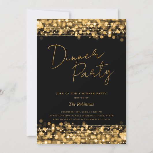 Gouden chique lichten script dinerfeest zwart kaart (Voorkant)