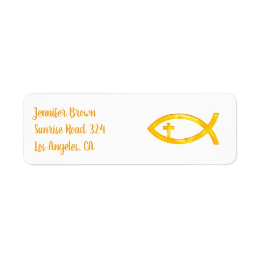 Gouden Christelijk vissymbool met kruisbeeld Etiket (Voorkant)