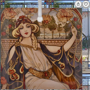 Gouden Chrysanthemum Muse – Art Nouveau Bloemstuk Glas Ornament